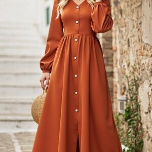 Chic Long Sleeve Rust Maxi Dress